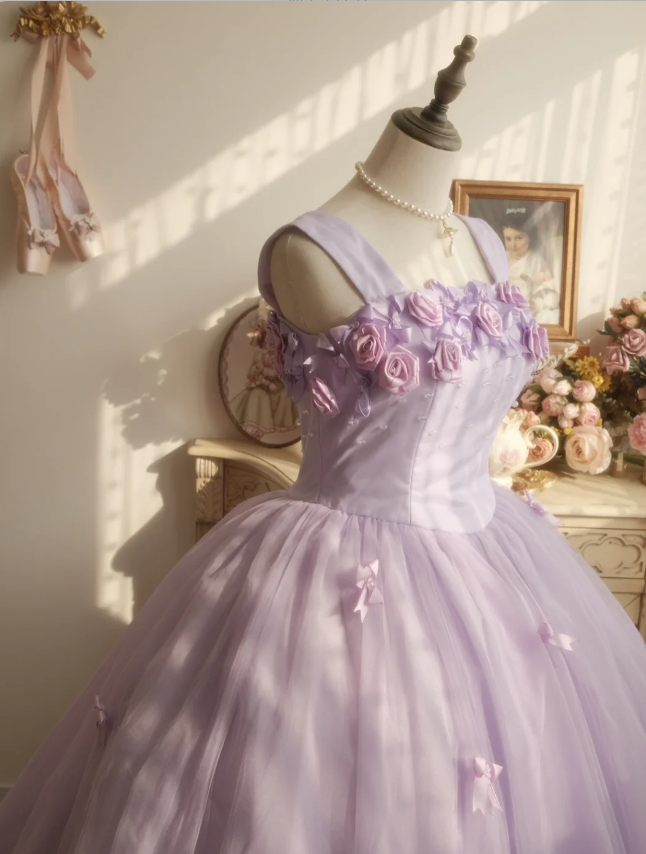 Sweet Princess Light Purple 3D Floral Square Neck Bow Tulle Ball Gown Evening Dress Sweet 16 Dress - View 6 | FashionDia