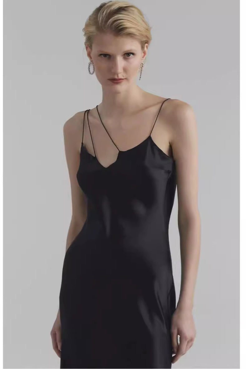 Asymmetrical Cami Solid Satin Silk Dress - VelvetHem