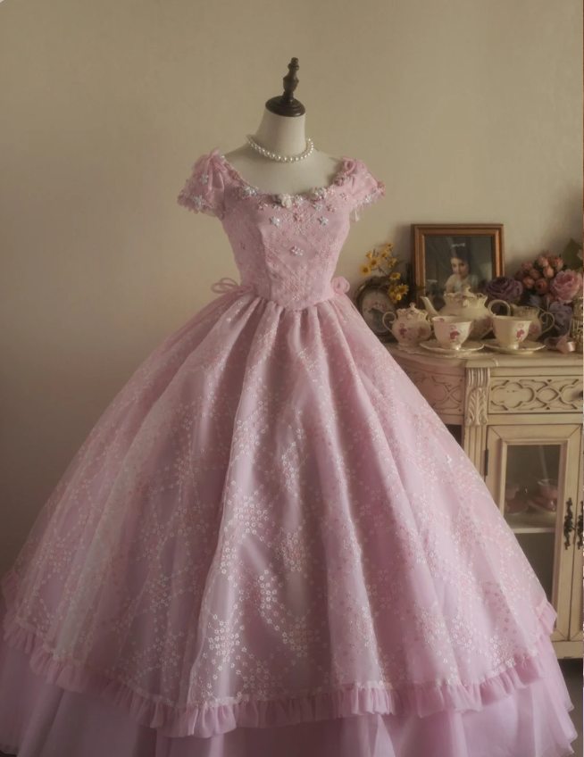 Sweet Court Light Pink Embroidered Floral Tulle Ball Gown Evening Dress Sweet 16 Dress