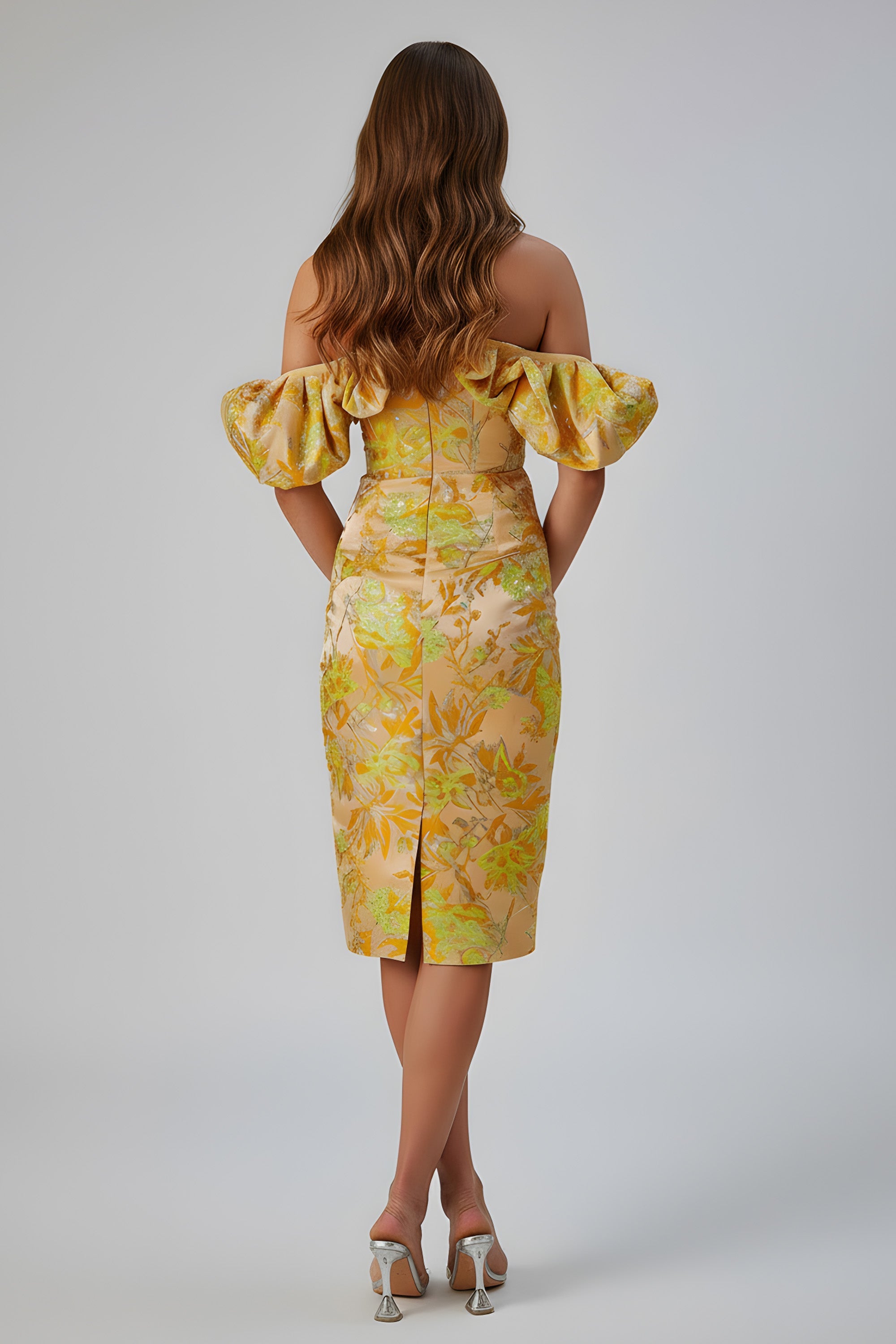 Off-Shoulder Floral Jacquard Midi Dress with Puff Sleeves