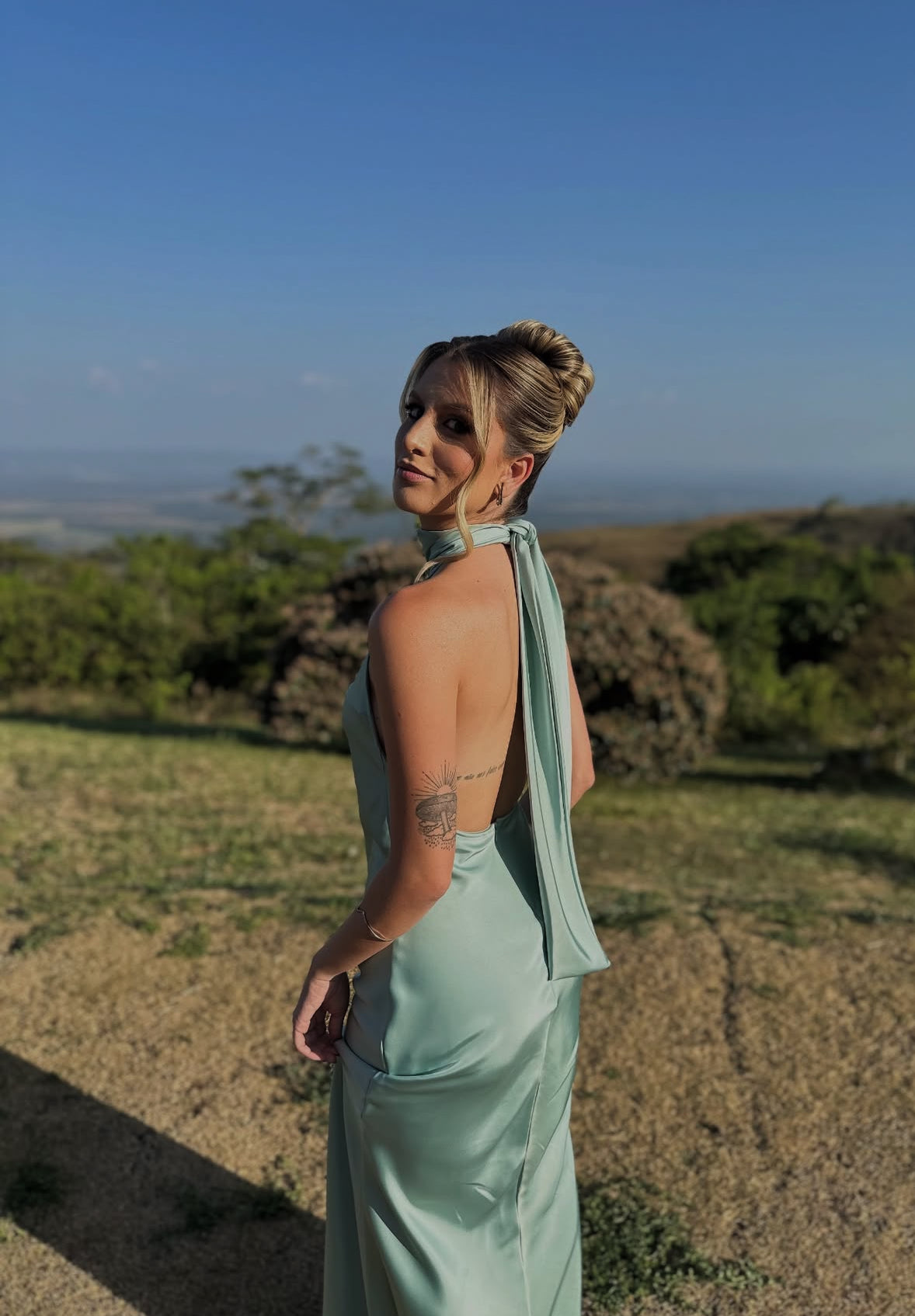 Halter Backless Long Party Dress Satin Wedding Guest Dress J8834