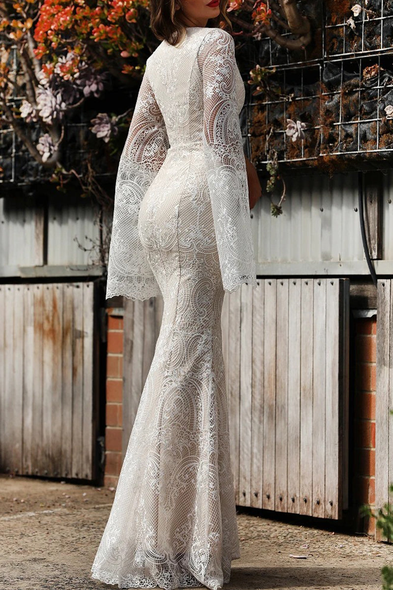 Sexy Formal Solid Lace Zipper V Neck Evening Dress Dresses - View 5 | VelvetHem