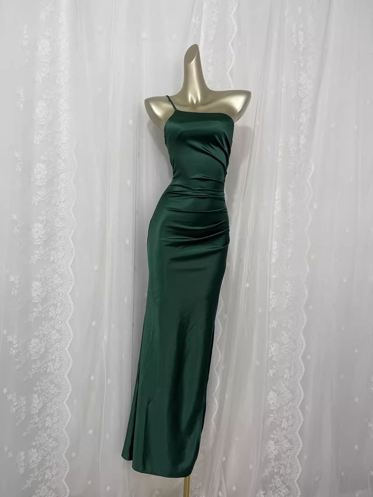 Vintage Green Spaghetti Straps Prom Dress Satin Sheath Party Dress Evening Gown
