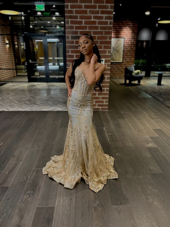 Princess Embroidered Corset Style Gold Mermaid Evening Dress Y5887 - View 2 | VelvetHem