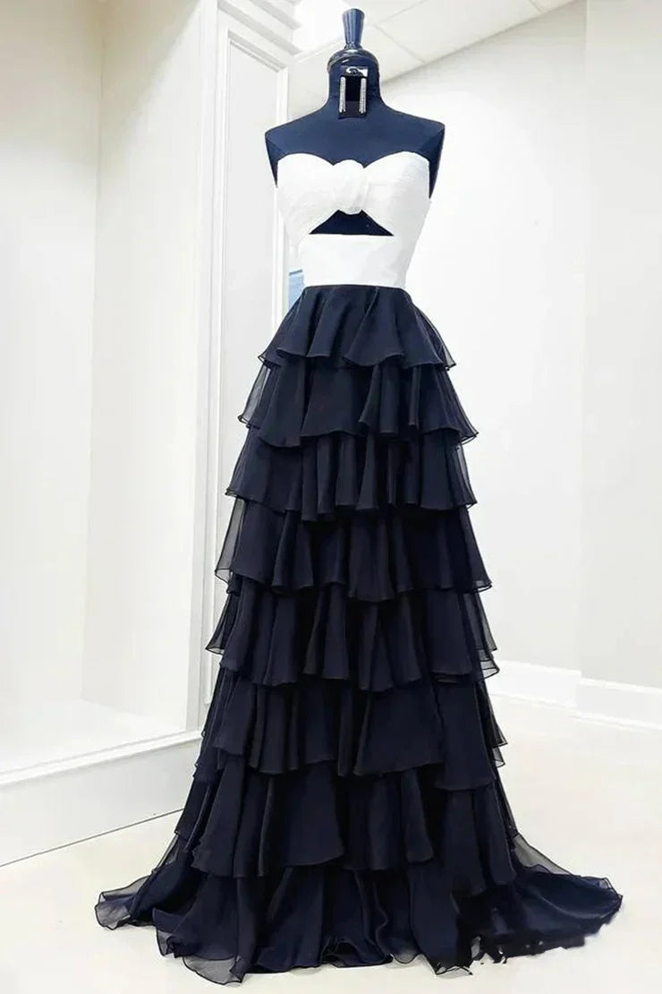 Cute Royal Blue A-Line Strapless Long Tiered Prom Dress with Slit