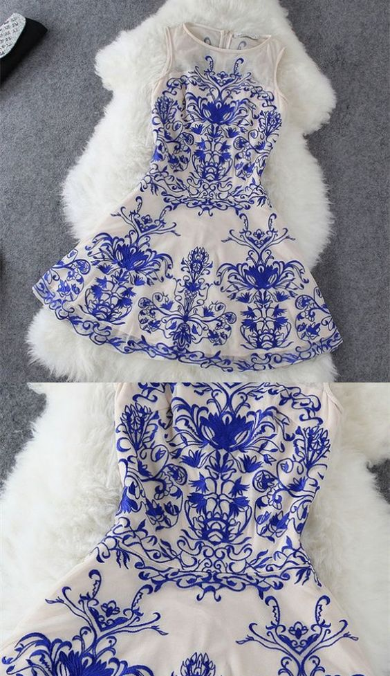 A-Line Dresses,Printed Royal Blue Dresses,Short Homecoming Cocktail Dresses,Homecoming Dresses - FashionDia