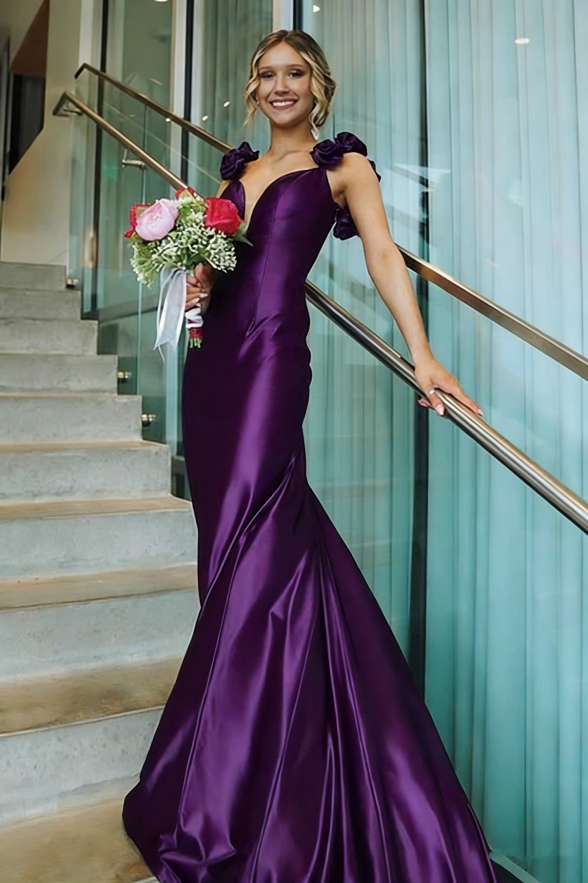 Sexy Mermaid Straps Neckline Pink Satin Backless Evening Gown Prom Dresses - View 8 | FashionDia