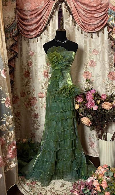 Vintage Green Strapless Satin Tulle Layered Ruffle Mermaid Long Prom Dress Evening Gown - VelvetHem
