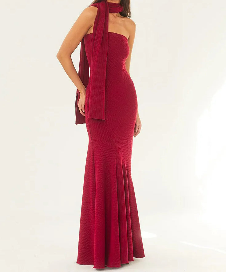 Scarf Strapless Pleated Maxi Dress - VelvetHem