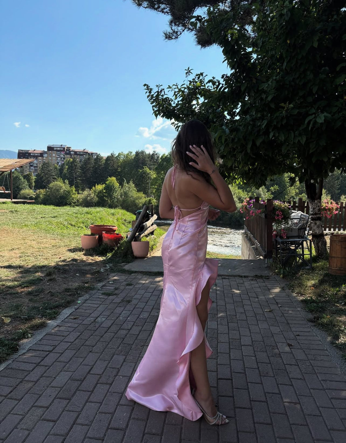 Backless Pink Long Prom Dress With Slit Ruffle Formal Dress J7847