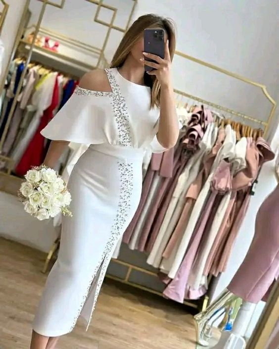 Chic White Sheath Midi-length Party Dress,White Cocktail Dress
