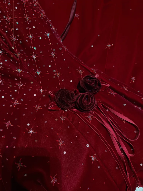 Pretty Burgundy Strapless Velvet Beaded Long Birthday Party Dress Evening Dress - View 6 | FashionDia