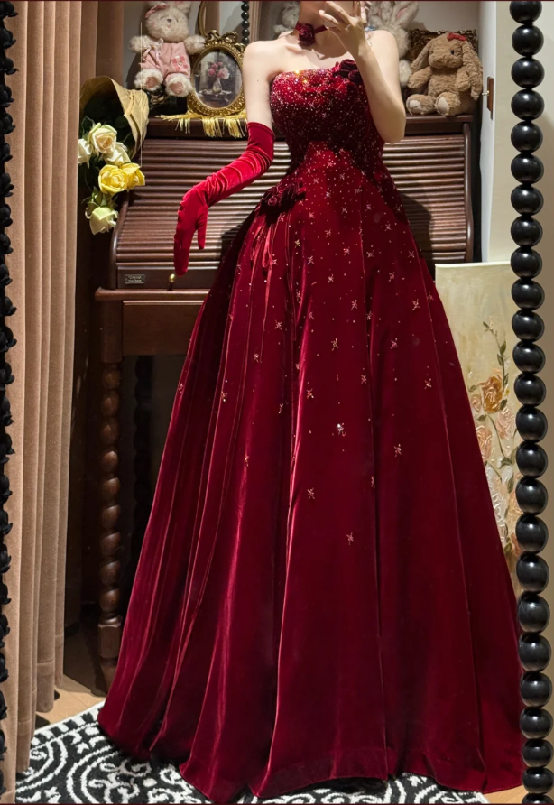 Pretty Burgundy Strapless Velvet Beaded Long Birthday Party Dress Evening Dress - FashionDia