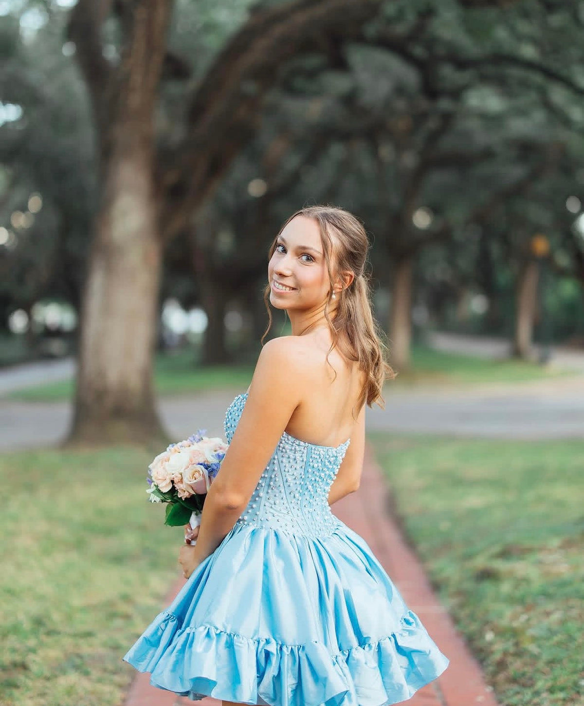 Strapless Blue Satin Homecoming Dress Pearl Beaded Short Dress J10638