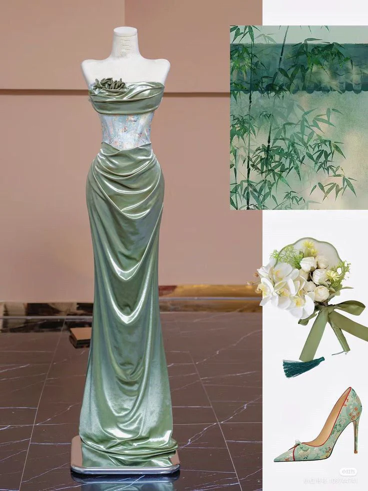 Elegant Light Green Satin Long Prom Dress Strapless Party Evening Dress