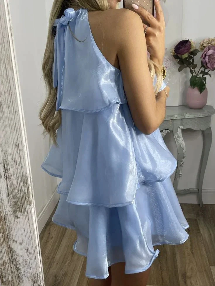 Simple Blue Organza Halter Layered Mini Prom Dress Homecoming Dress (ZD11332)