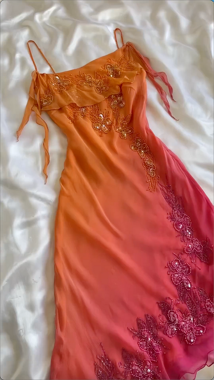 Pretty Spaghetti Straps Chiffon Beaded Mermaid Party Evening Dress