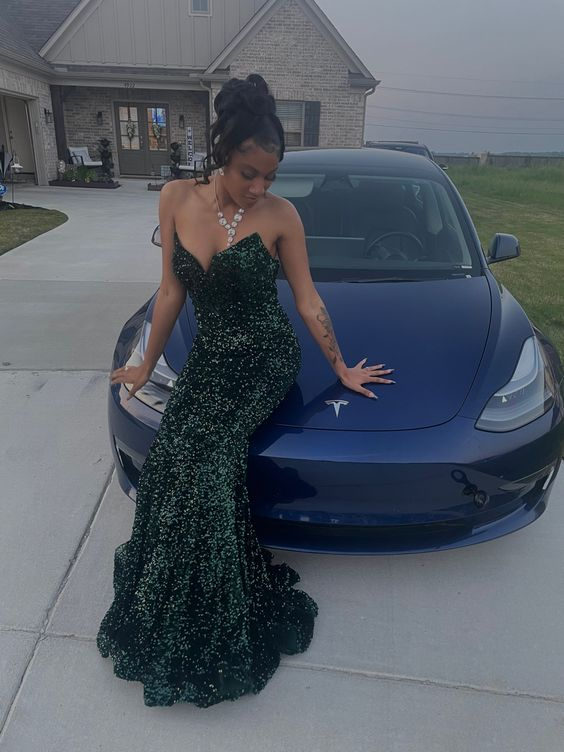 Dark Green Strapless Mermaid Floor-Length Sequined Prom Dress - FashionDia