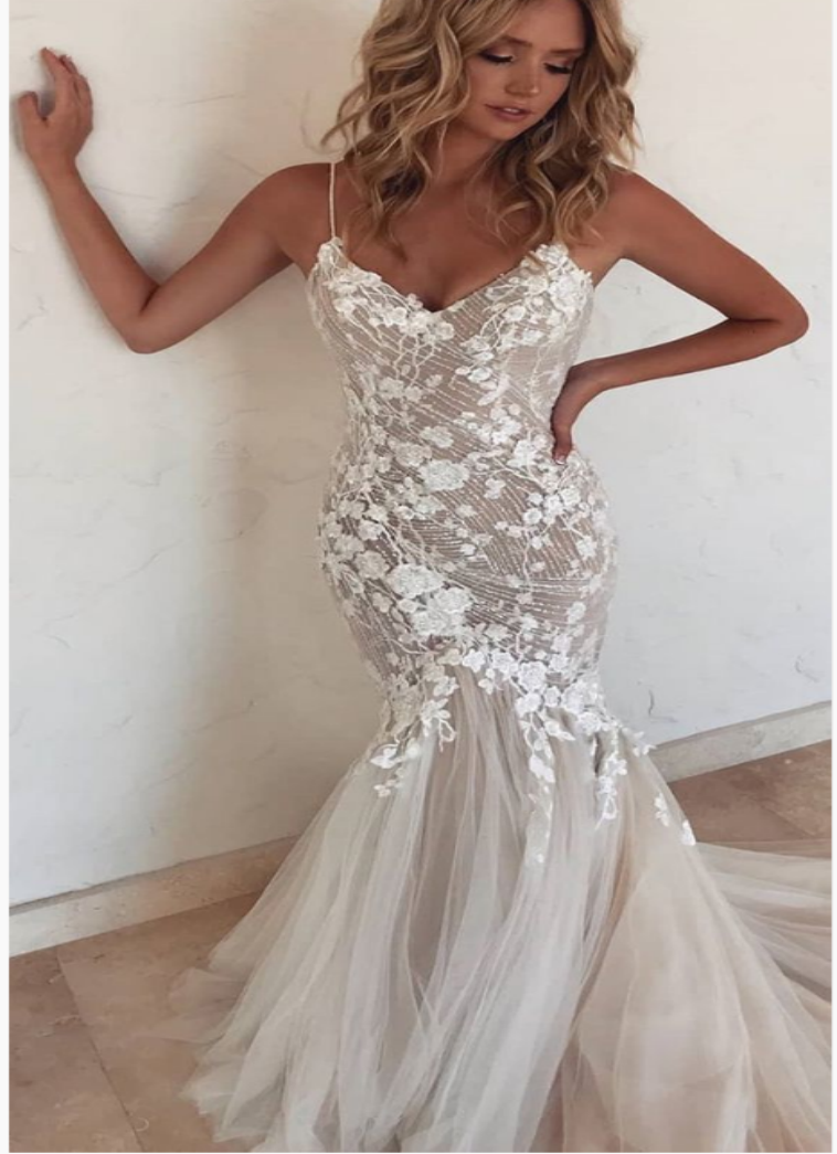 Spaghetti Straps Mermaid Wedding Dress With Train , Lace Tulle Prom Dress