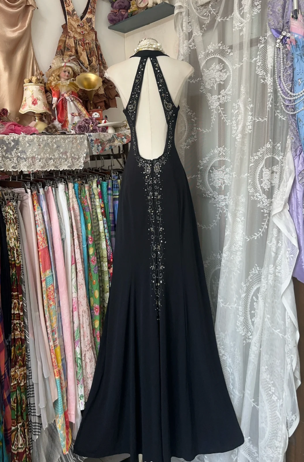 Sexy Black V-Neck Satin Beaded A-Line Long Party Dress Backless Evening Gown - View 2 | FashionDia