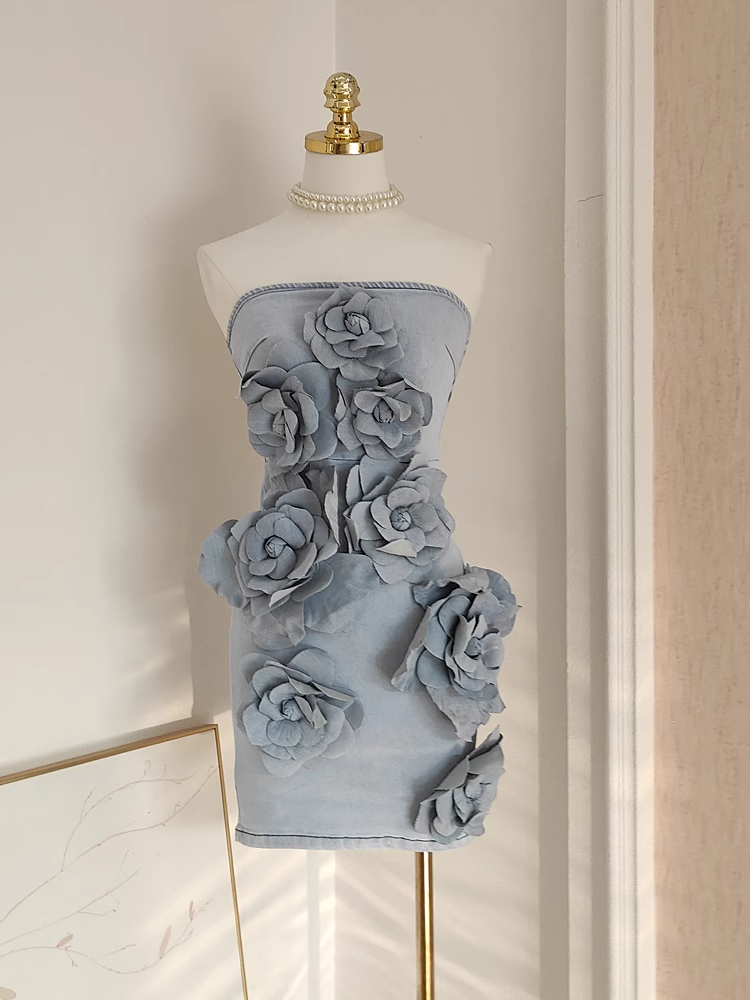 Cute A line Strapless Sleeveless Denim Blue Party Dress Short Holiday Dresses