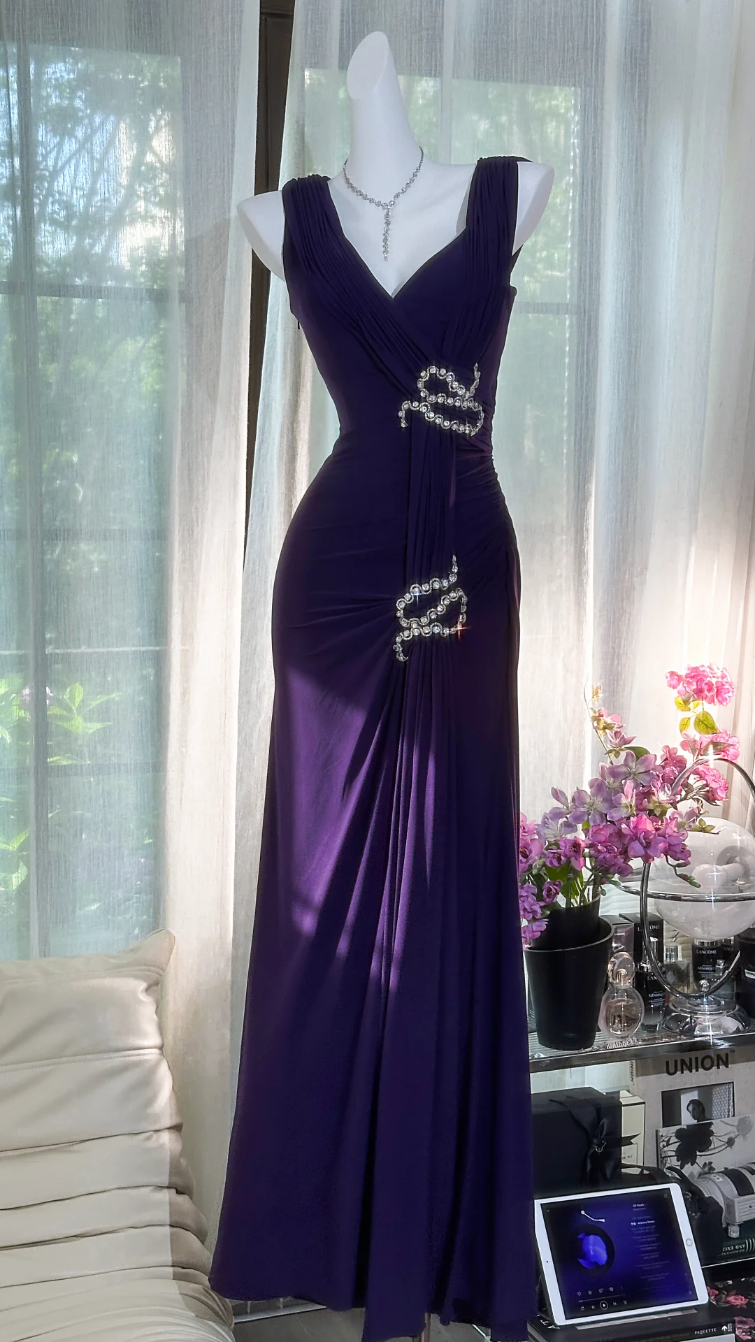 Pretty V-Neck Purple Chiffon Beaded Mermaid Party Dress Formal Birthday Prom Dress - FashionDia