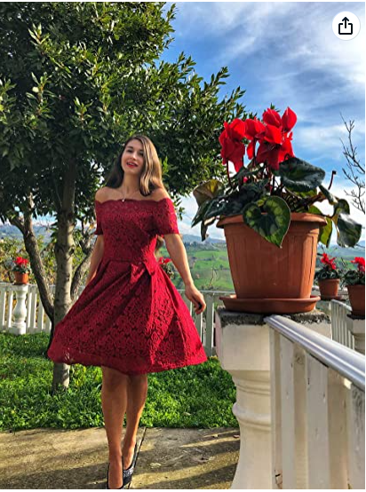 Women's Vintage Floral Lace Short Sleeve Boat Neck Cocktail Party Swing Dress Homecoming Dress - View 4 | FashionDia