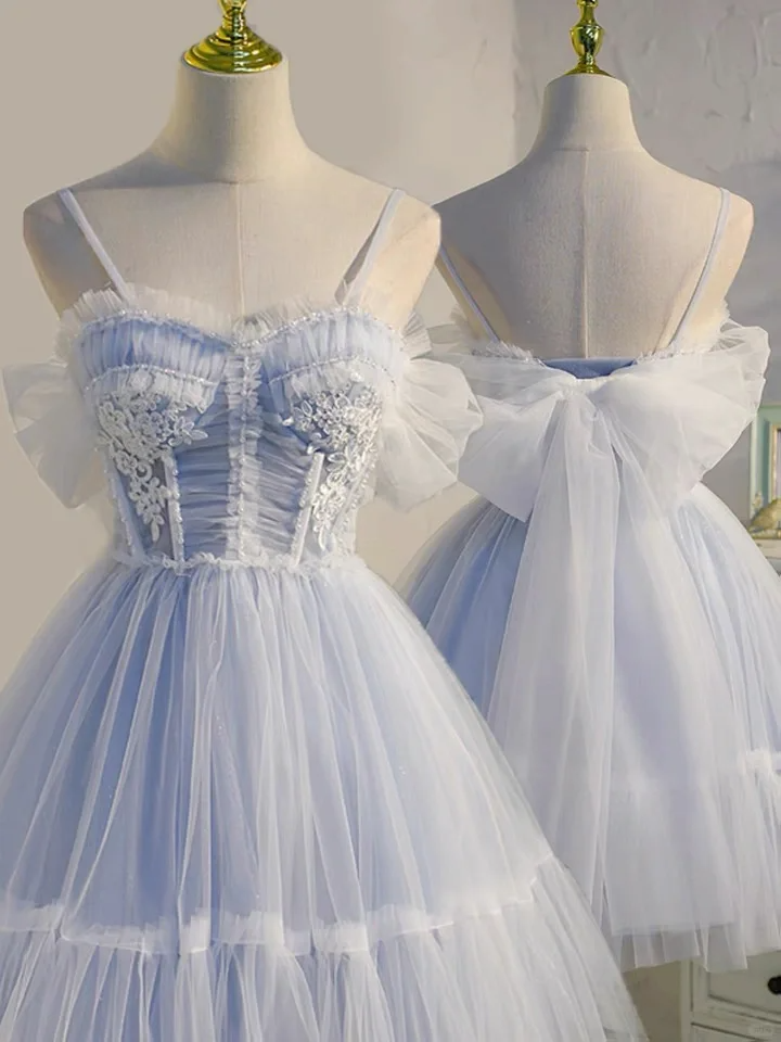 Simple Blue Spaghetti Straps Tulle Appliques Short Birthday Dress A Line 8th Grade Homecoming Dress