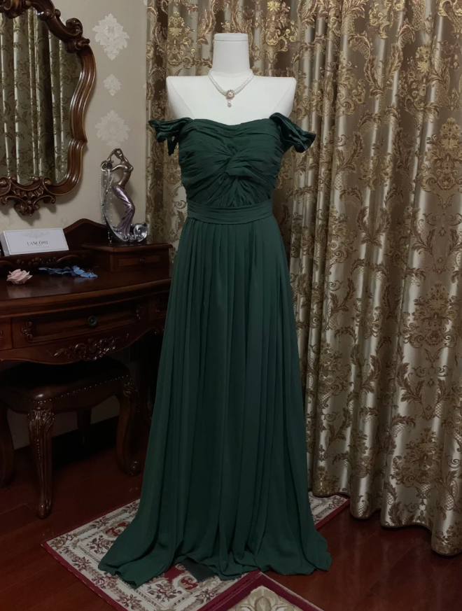 Vintage Green Off-the-Shoulder Satin Pleated Long Wedding Guest Dress Party Dress Prom Gown - View 2 | FashionDia