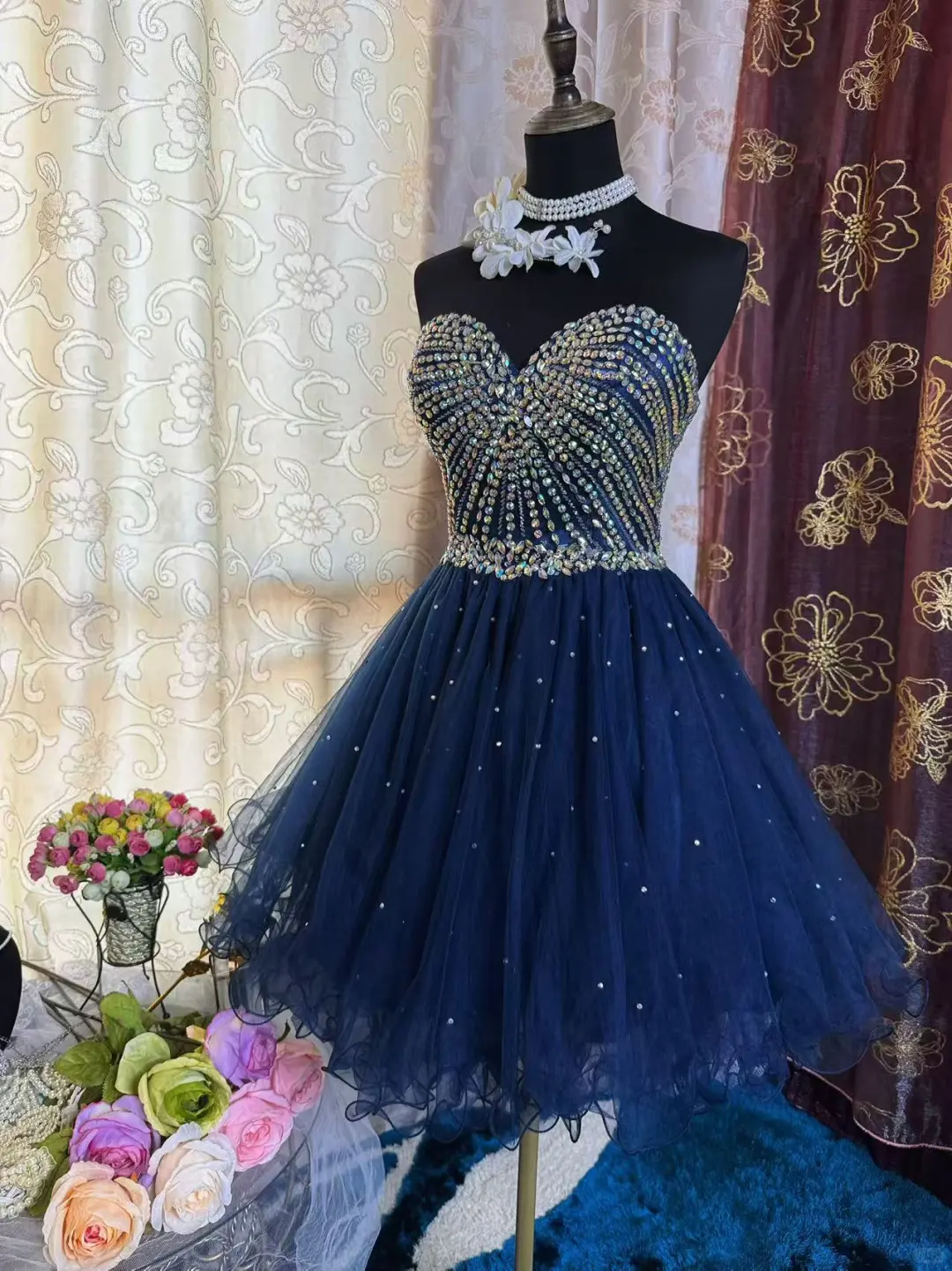 Sparkly Sweetheart Neck Blue Tulle Beaded A-Line Short Prom Dress Formal Homecoming Dress - View 4 | FashionDia