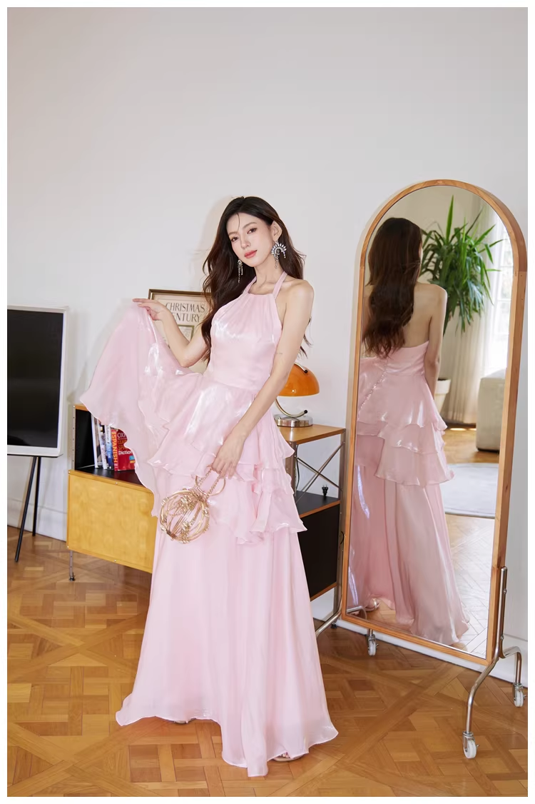 Classy Halter Pink Satin Ruffles Long Birthday Party Dress Evening Dress - View 4 | FashionDia