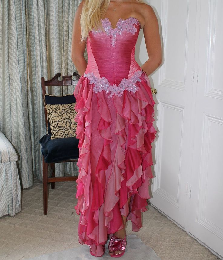Vintage Hot Pink Lace Chiffon Ruffles Evening Dress Strapless Prom Dress Y8252 - View 2 | VelvetHem