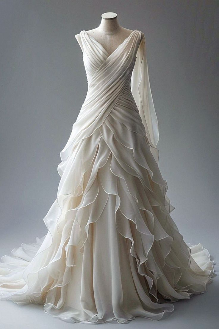 Elegant Ivory Princess Ball Gown V-Neck Ruched Ruffles Chiffon Prom Dress Wedding Dress - FashionDia