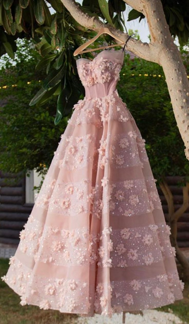 Sweet Strapless Tulle Sequin Appliques Pink Party Dress Evening Gown - FashionDia