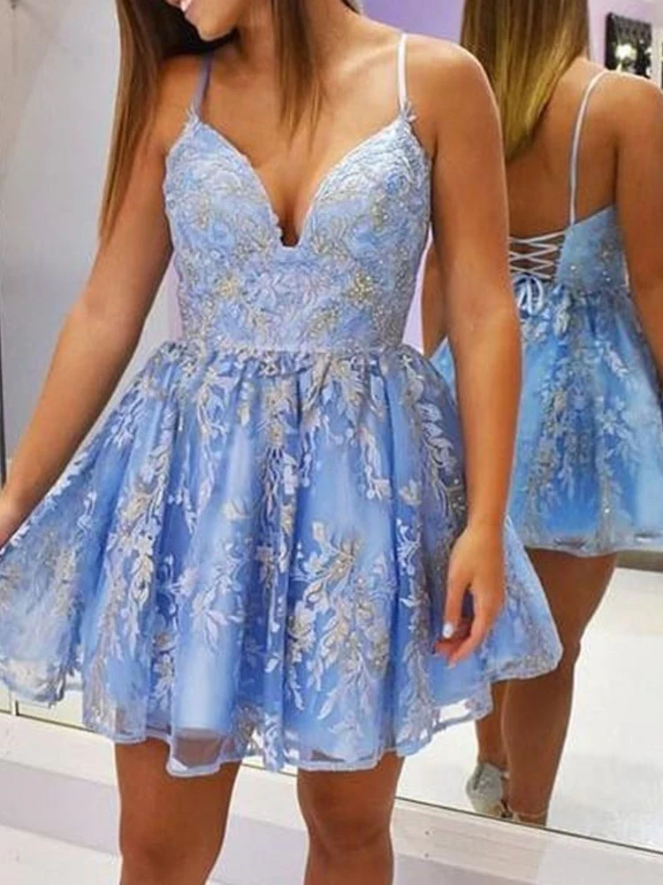 A-Line Spaghetti Straps Short/Mini Sleeveless Sweet 16 Dress Homecoming Dress - FashionDia