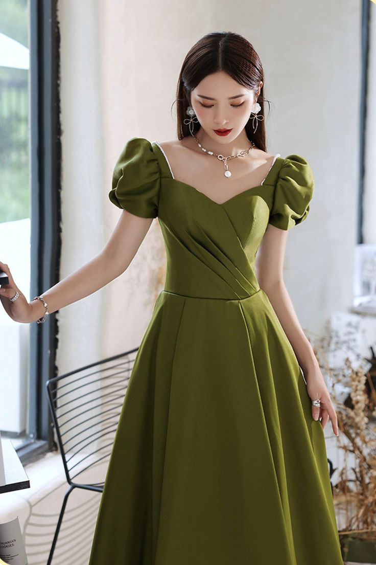 Green Satin Long Prom Dresses A-Line Evening Dresses Y7097 - View 3 | VelvetHem