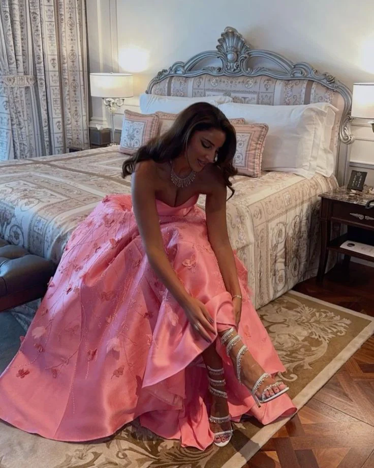 Gorgeous Pink Sweetheart Neck Satin Sequin Appliques Long Prom Dress Birthday Party Dress