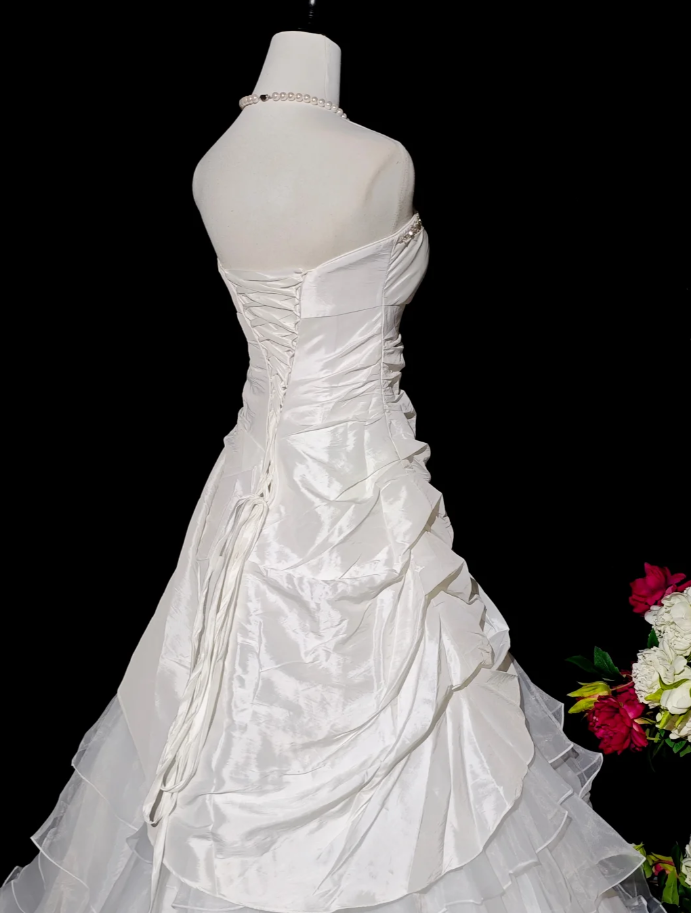 Pretty Strapless White Satin Tulle Beaded Ruffle Layered Mermaid Evening Dress Long Birthday Prom Dress - View 4 | FashionDia