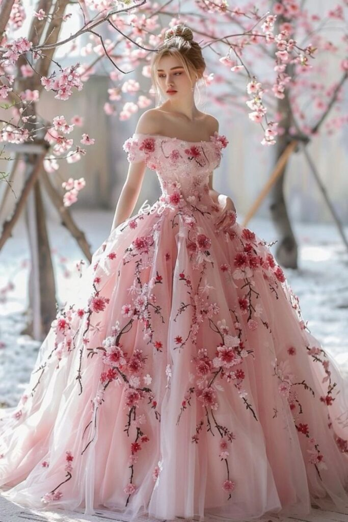Pretty Pink Off The Shoulder Tulle Appliques Ball Gown,Formal Prom Dress