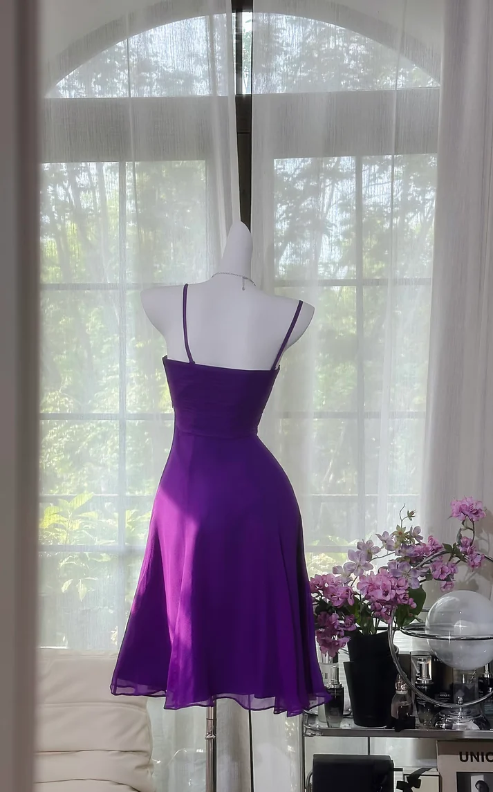 Beautiful Purple Spaghetti Straps Chiffon A-Line Homecoming Dress Short Prom Dress - View 2 | FashionDia