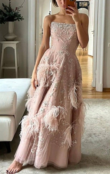 Gorgeous Strapless Pink Tulle Beaded Feathers A-Line Long Party Dress Birthday Prom Dresses - FashionDia