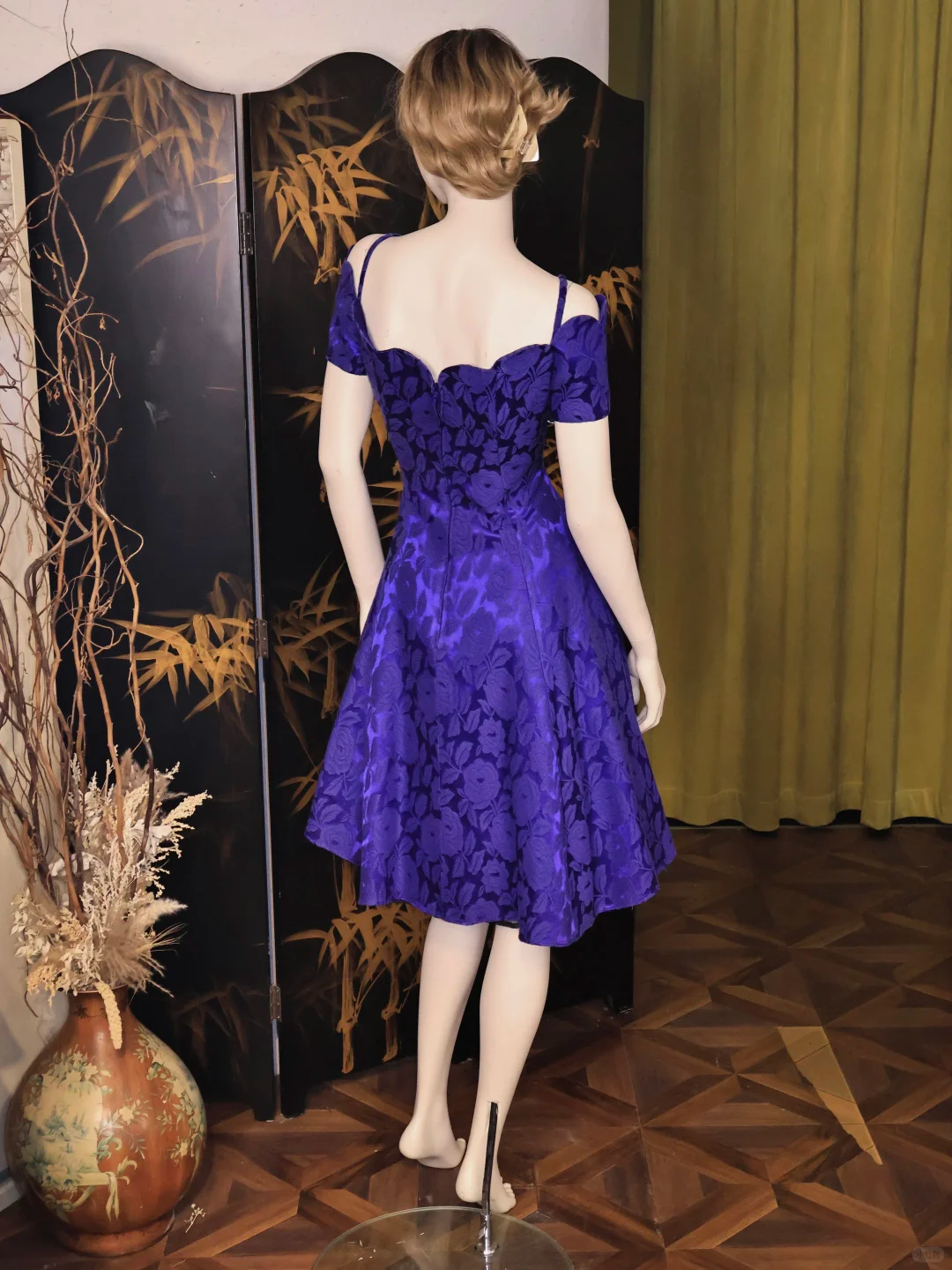 Vintage Purple Satin Floral Print A-Line Homecoming Dress Off-the-Shoulder Short Birthday Outfits - View 3 | FashionDia