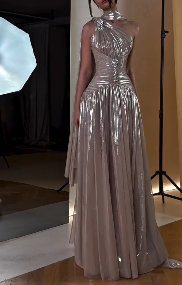 Stylish One-Shoulder Satin Pleated A-Line Long Prom Dress Formal Evening Dress With Scarf - View 2 | FashionDia