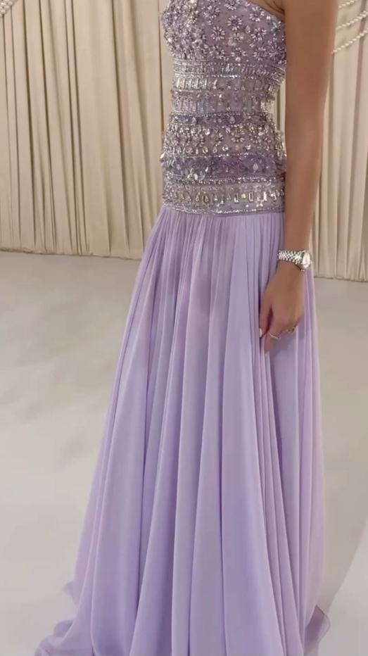 Classy Strapless Lilac Chiffon Beaded Mermaid Long Party Dress Formal Wedding Guest Dress - FashionDia