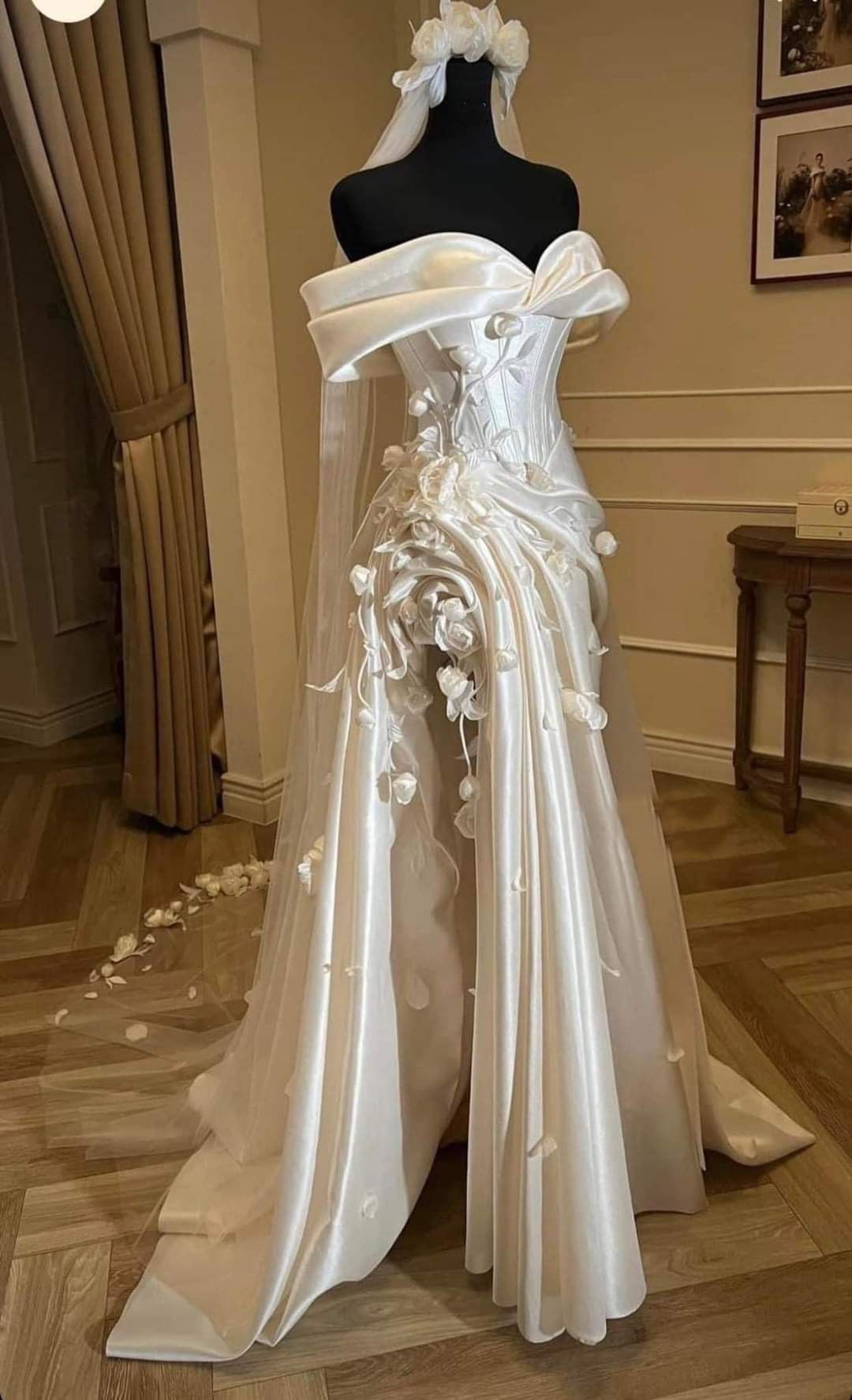Charming Off-the-Shoulder White Satin Pleated Mermaid Long Wedding Dress With Flowers - FashionDia