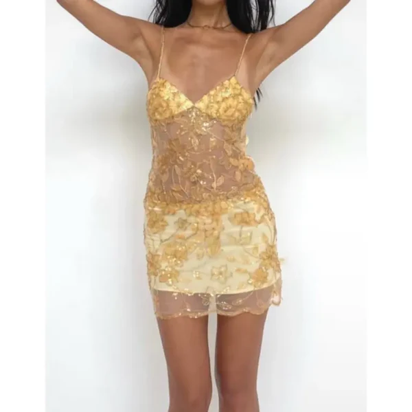 Pretty Spaghetti Straps Gold Sequin Grade Homecoming Dress Short Birthday Outfits Cocktail Dress - View 2 | FashionDia