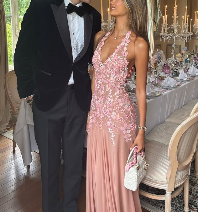 Pretty Pink Halter Chiffon Lace Appliques Mermaid Long Evening Dress Backless Birthday Party Dress