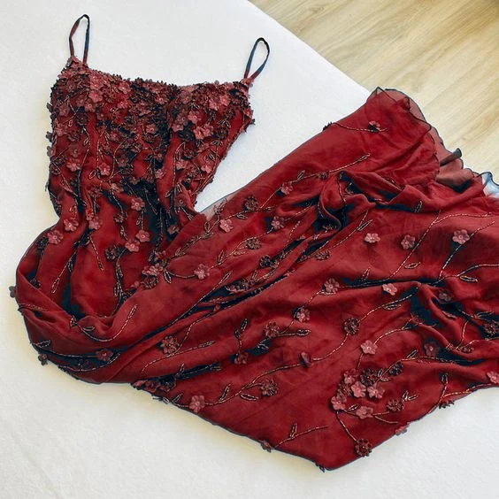 Sexy Mermaid Spaghetti Straps Satin Navy Blue Floral Long Evening & Prom Dress - View 5 | FashionDia
