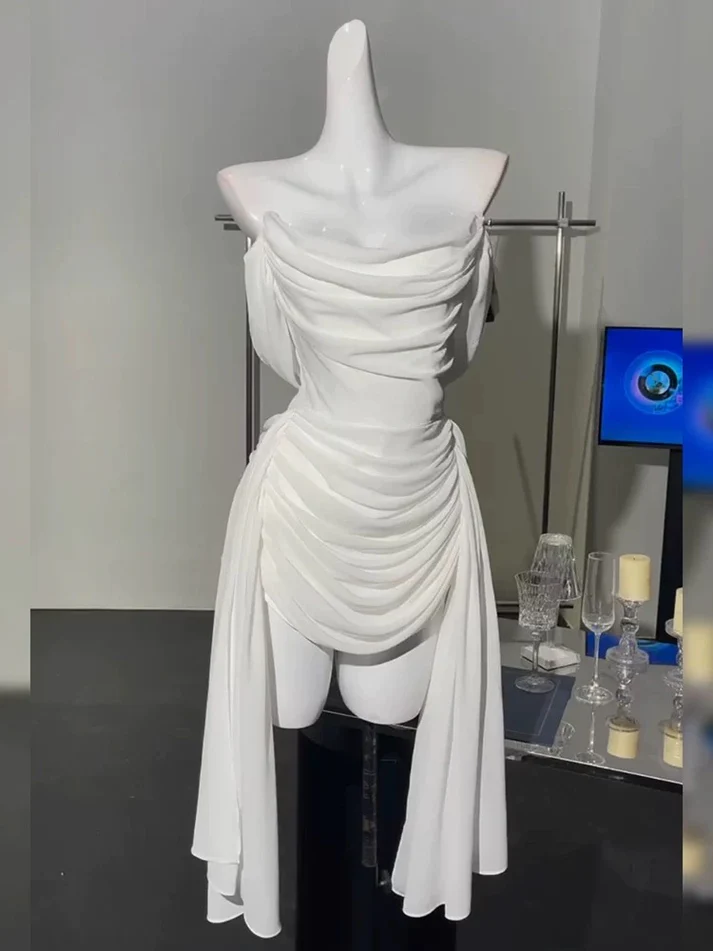 Simple Off The Shoulder White Chiffon Pleated Short Prom Dress Formal Graduation Homecoming Dress