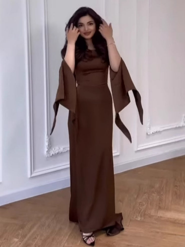 Brown Batwing Sleeve Robe Dress